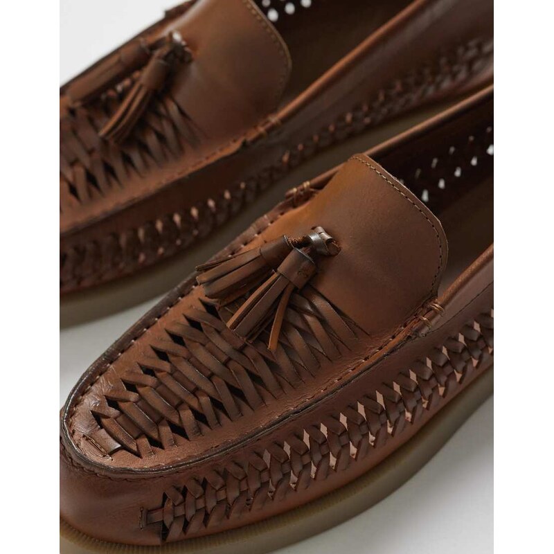 ASOS DESIGN woven tassel loafers in tan leather-Brown