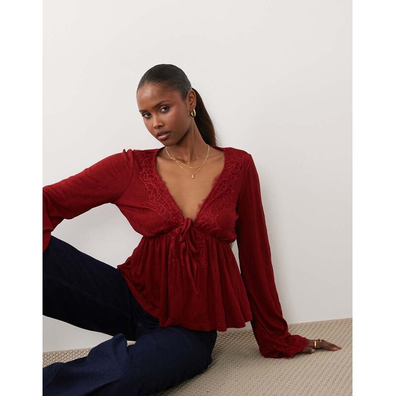 ASOS DESIGN crinkle lace trim plunge top with flare sleeve in red 115554919