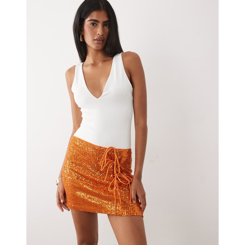 ASOS DESIGN sequin tie side mini skirt in orange-Grey