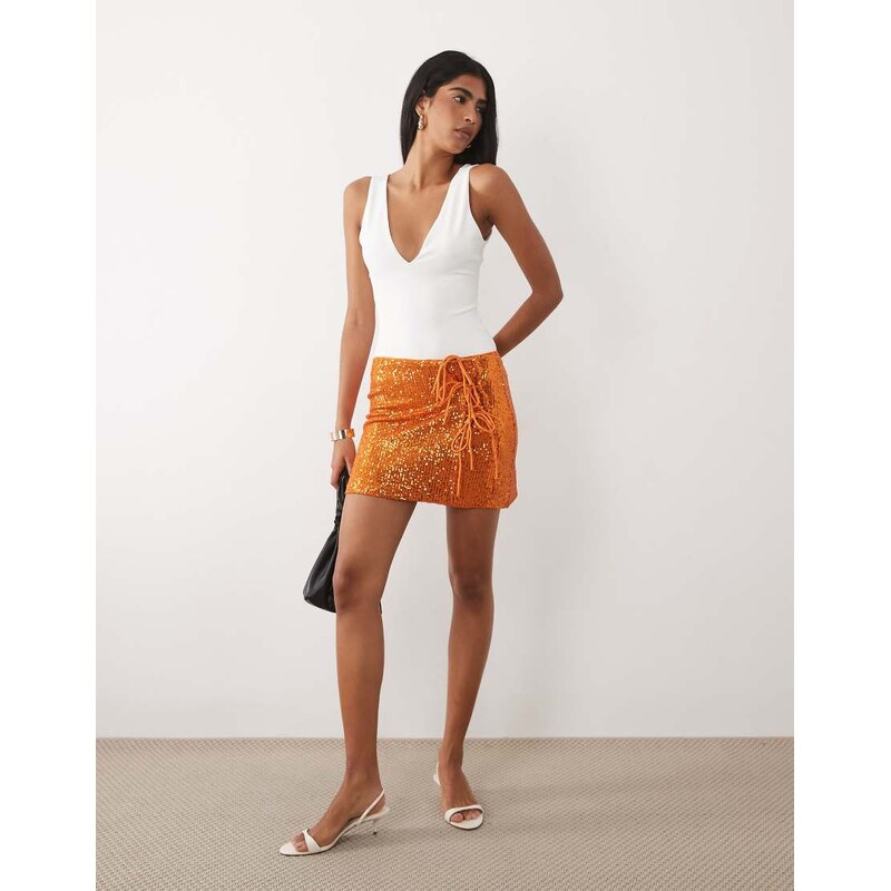 ASOS DESIGN sequin tie side mini skirt in orange-Grey