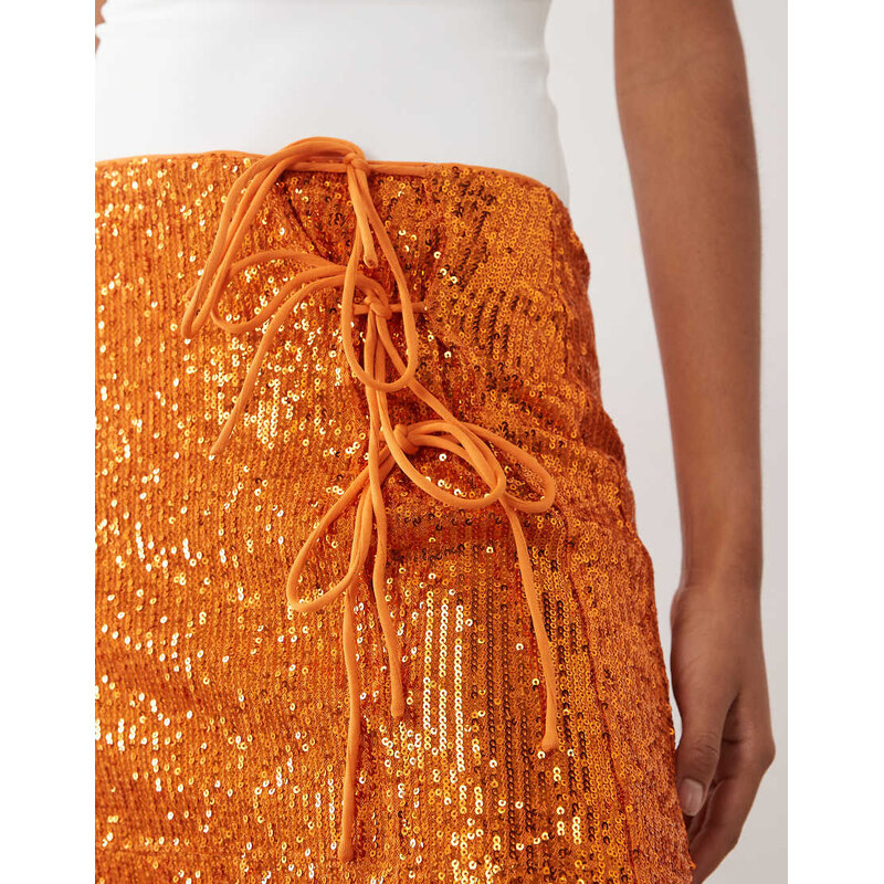ASOS DESIGN sequin tie side mini skirt in orange-Grey