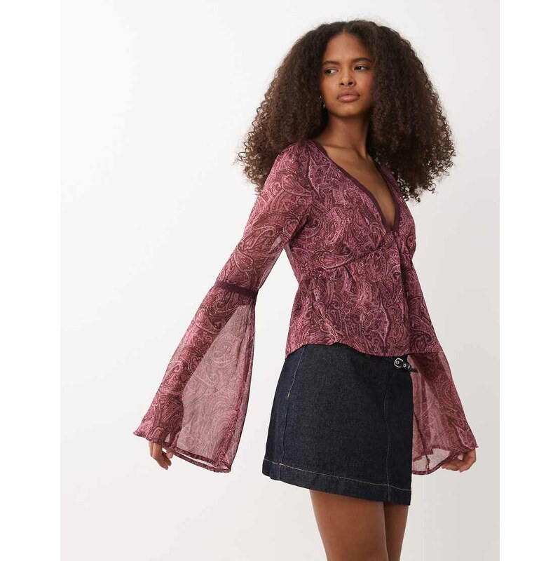 Miss Selfridge chiffon fluted sleeve blouse in paisley-Multi