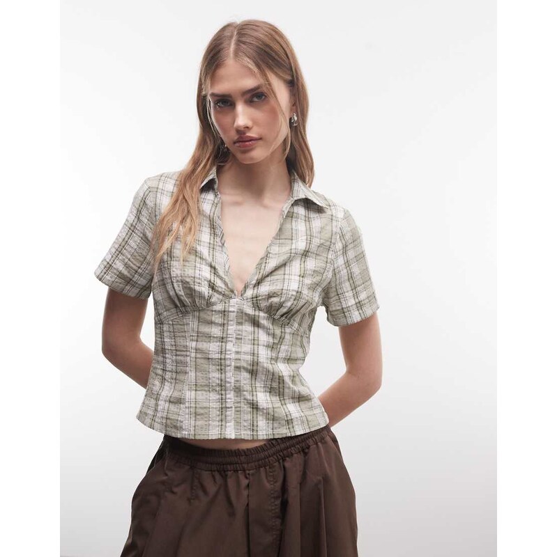 COLLUSION fitted cinched waist shirt in green check