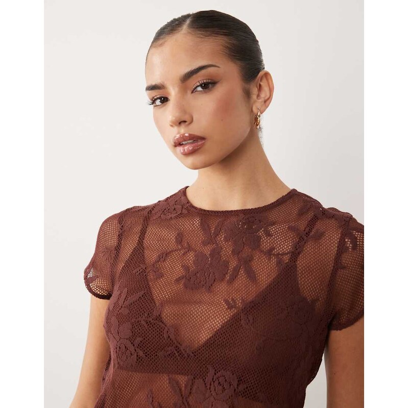 ASOS DESIGN co-ord crochet floral lace baby tee in chocolate