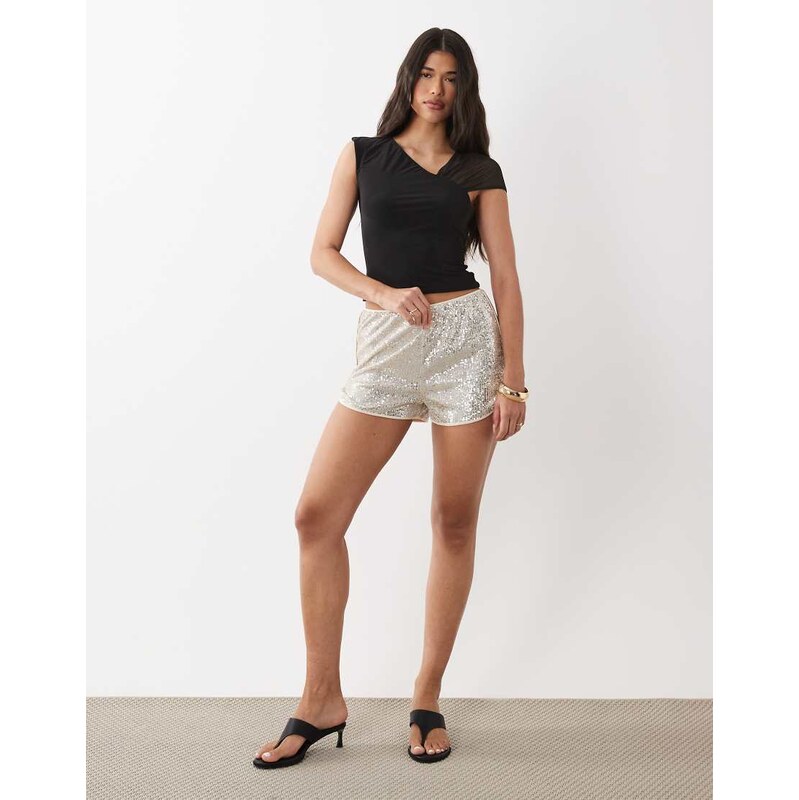 ASOS DESIGN sequin runner short in ivory-White