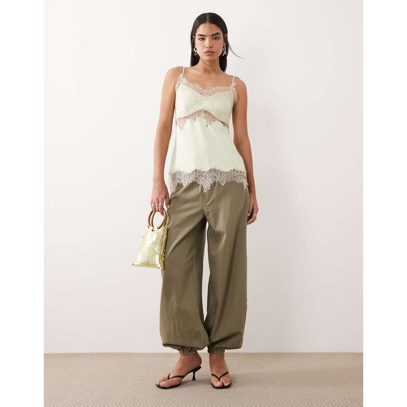 ASOS DESIGN satin lace trim long line cami top in matcha green