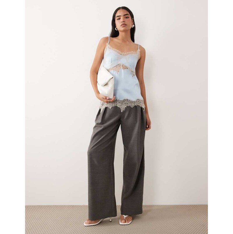ASOS DESIGN satin lace trim long line cami top in blue