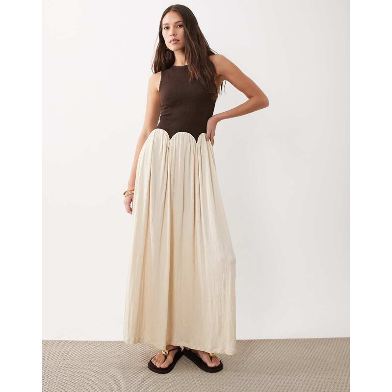 ASOS DESIGN colour block crinkle midi dress in chocolate & cream