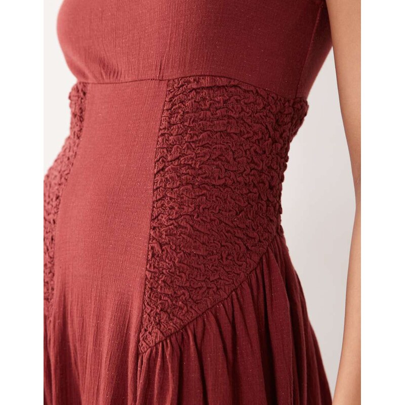 ASOS DESIGN crinkle square neck panel detail midi dress in brown rust