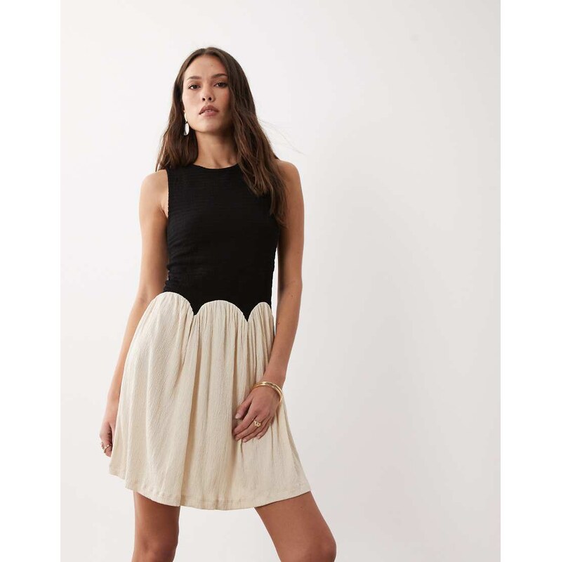 ASOS DESIGN colour block crinkle mini dress in black & cream