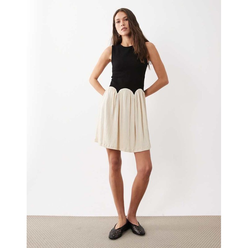 ASOS DESIGN colour block crinkle mini dress in black & cream
