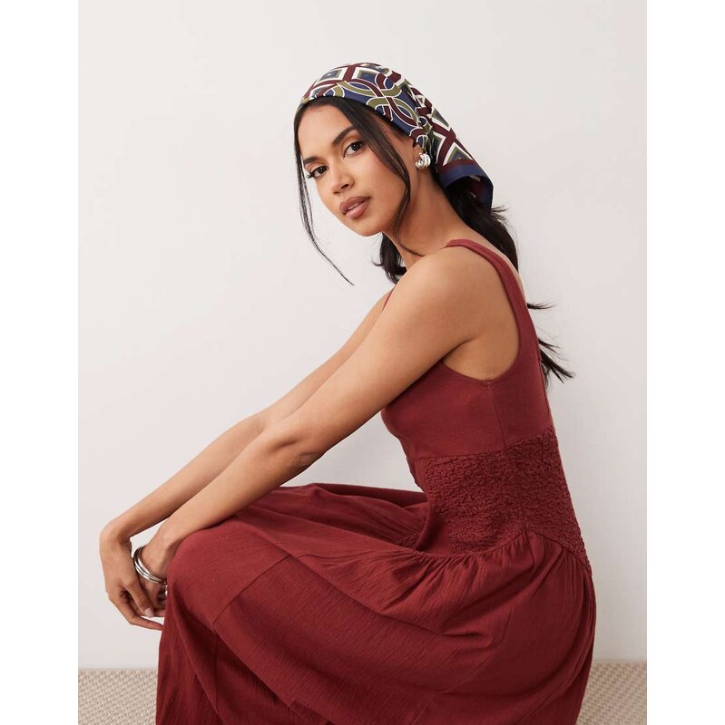 ASOS DESIGN crinkle square neck panel detail midi dress in brown rust