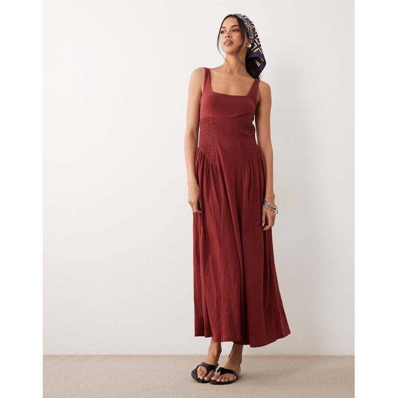 ASOS DESIGN crinkle square neck panel detail midi dress in brown rust