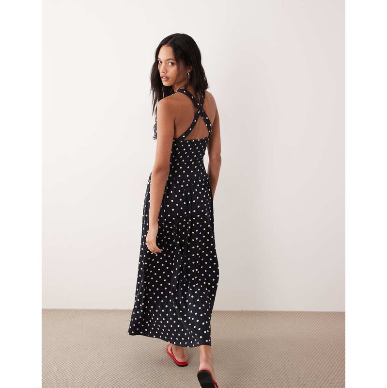 ASOS DESIGN crinkle built up cross back midi dress in mono polka