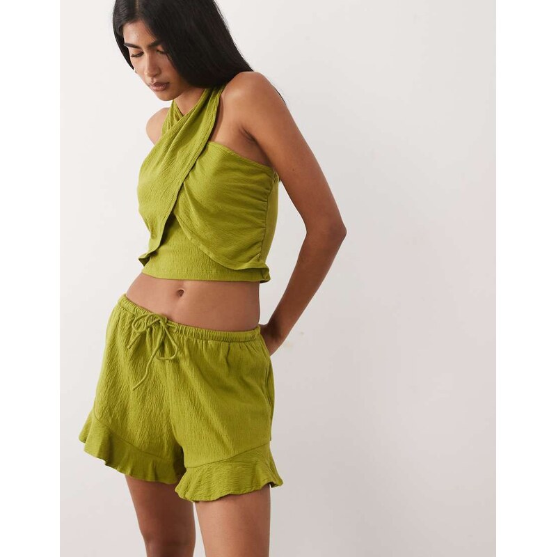 ASOS DESIGN mix & match cotton crinkle ruffle hem short in green