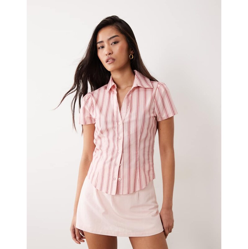 Miss Selfridge short sleeve fitted shirt in pink pinstripe-Multi 115554947
