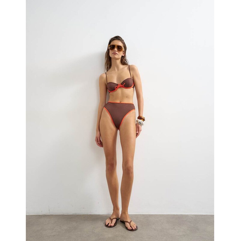 Topshop Ibiza high waisted bikini bottom in chocolate and orange