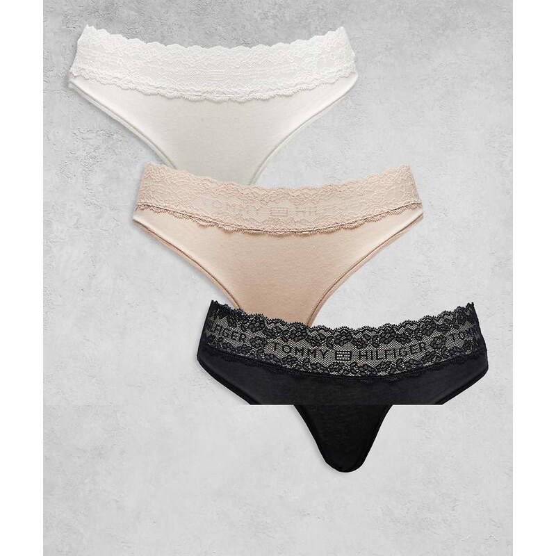 Tommy Hilfiger Logo lace 3 pack bikini briefs in black/white/beige 115554974
