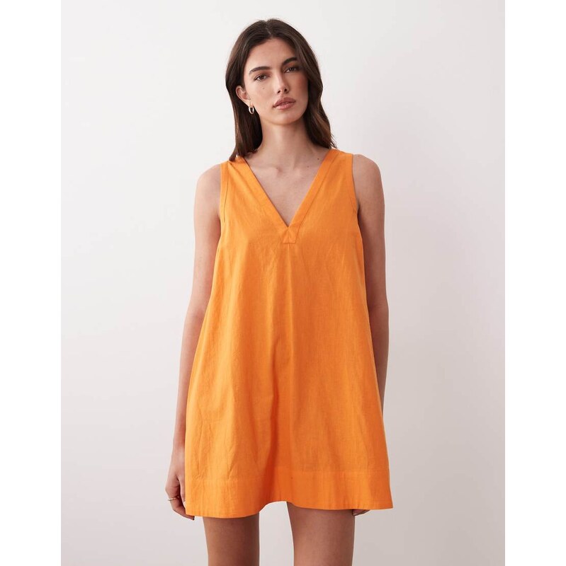 ASOS DESIGN cotton linen v neck smock midi dress in orange - ORANGE