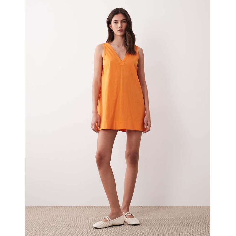 ASOS DESIGN cotton linen v neck smock midi dress in orange - ORANGE