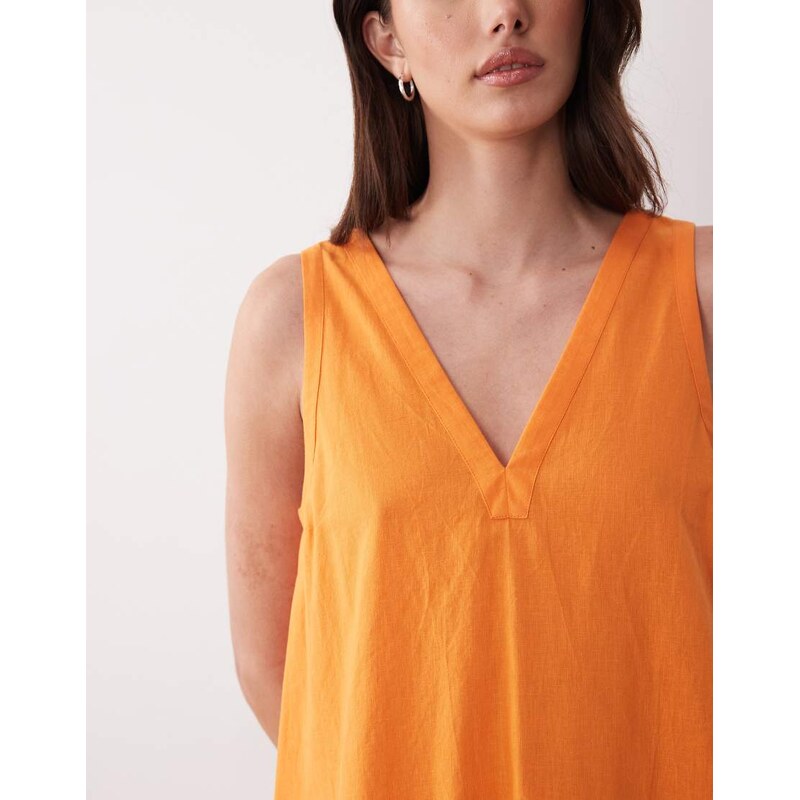 ASOS DESIGN cotton linen v neck smock midi dress in orange - ORANGE