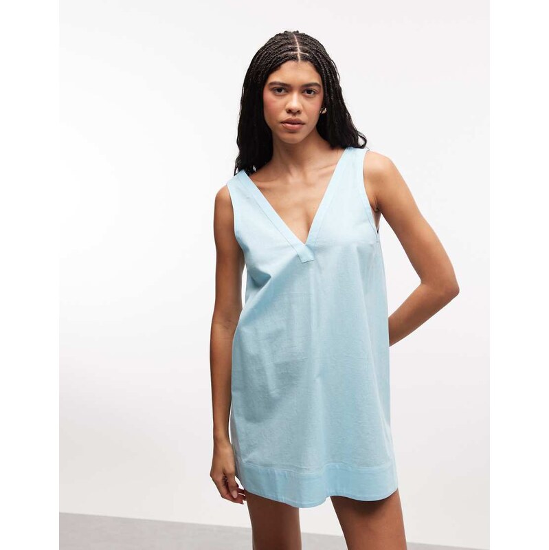 ASOS DESIGN cotton linen v neck smock mini dress in turquoise - TURQUOISE-Blue
