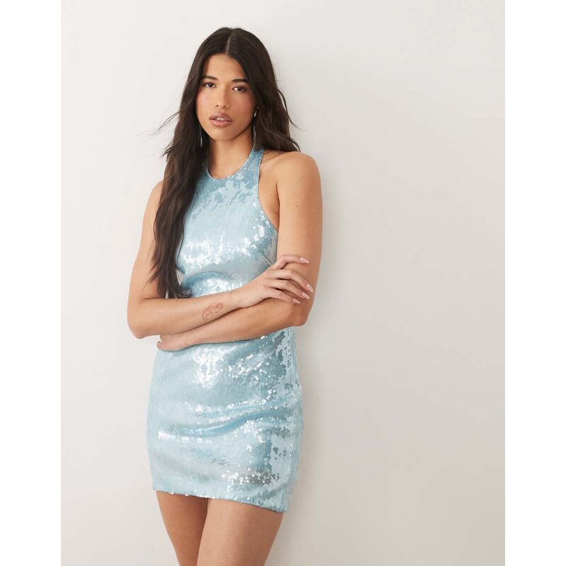 Forever New sequin halter neck mini dress in blue 115555002