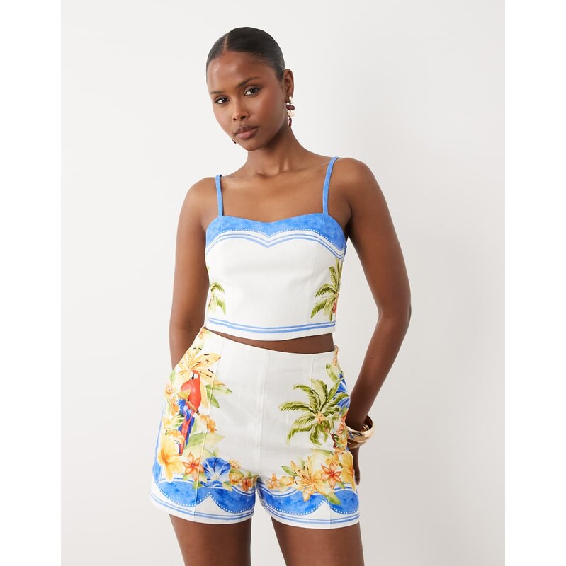 Forever New linen cami mix crop top co-ord in white holiday print 115555003