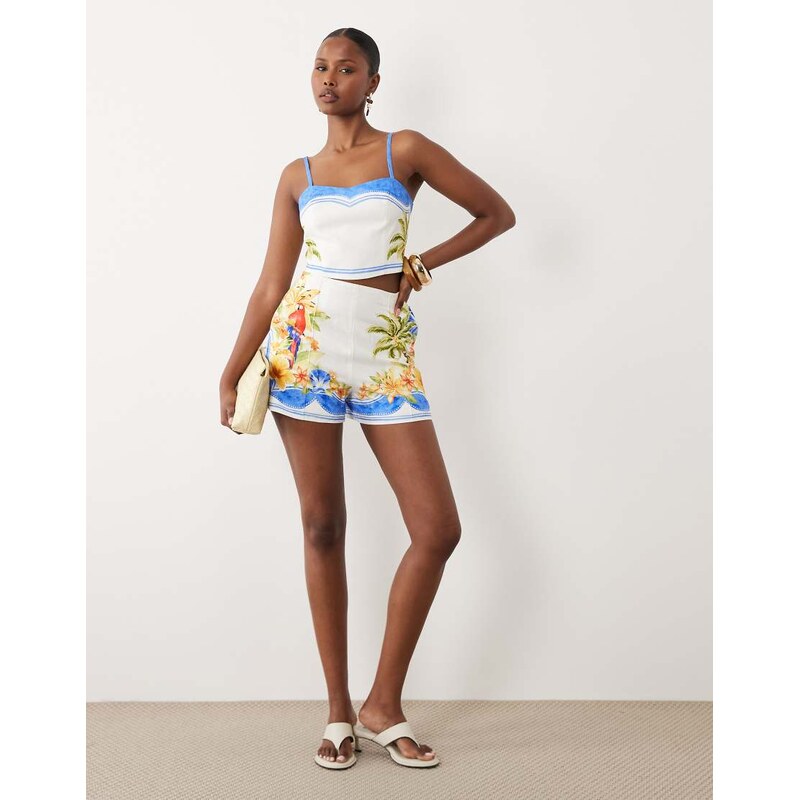 Forever New linen mix short co-ord in white holiday print-Multi 115555004