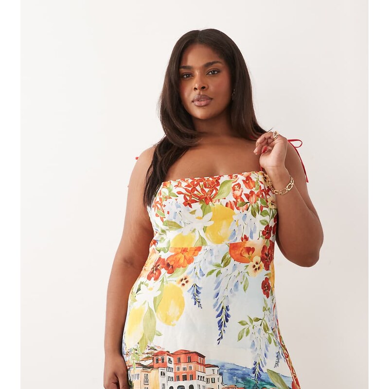 Forever New Curve bandeau cami strap midi dress in postcard print 115555011