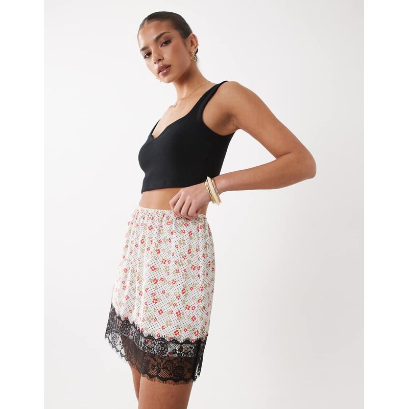 ASOS DESIGN lace trim satin mini skirt in white ditsy print-Multi