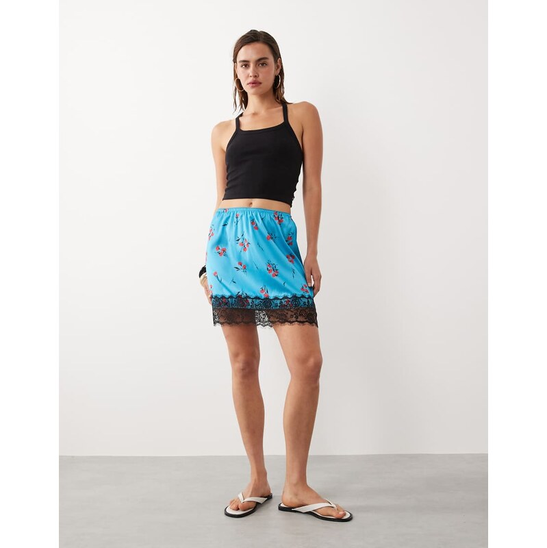 ASOS DESIGN lace trim satin mini skirt in blue ditsy print-Multi