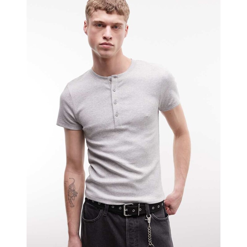 COLLUSION rib muscle short sleeve henley t-shirt top in grey