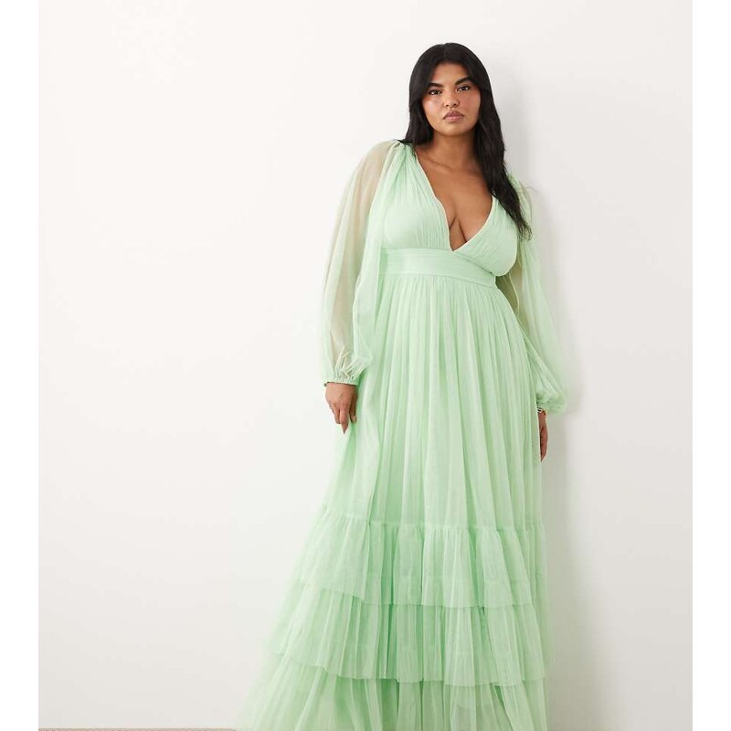 Lace & Beads Plus Bridesmaid Madison smocked plunge neck sheer