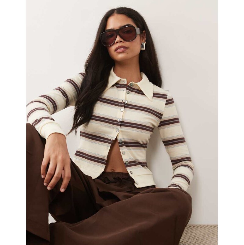 Lioness Bada Bing cotton button through collar detail top in brown 115555098
