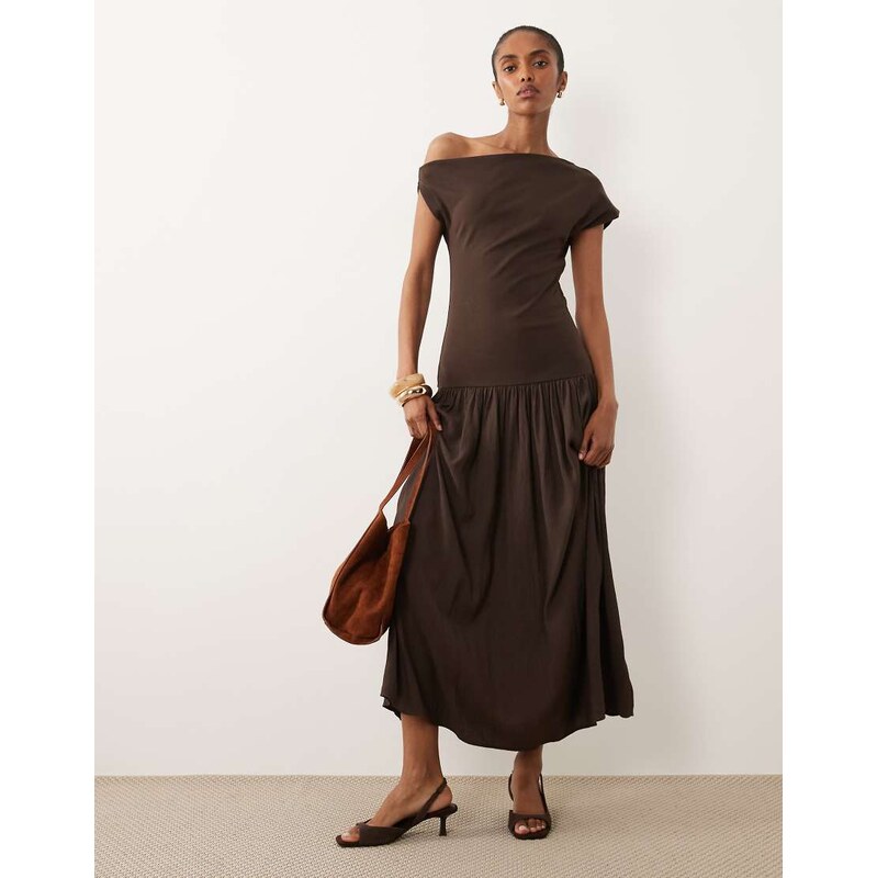 Mango asymmetric sleeveless drop waist maxi dress in brown