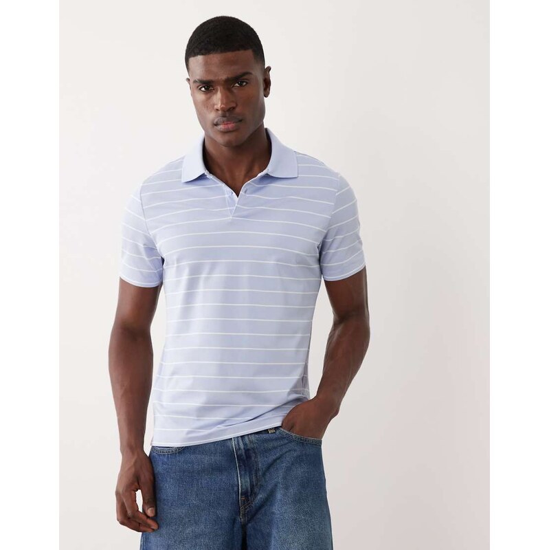 Mango short sleeve striped polo t-shirt in pale blue