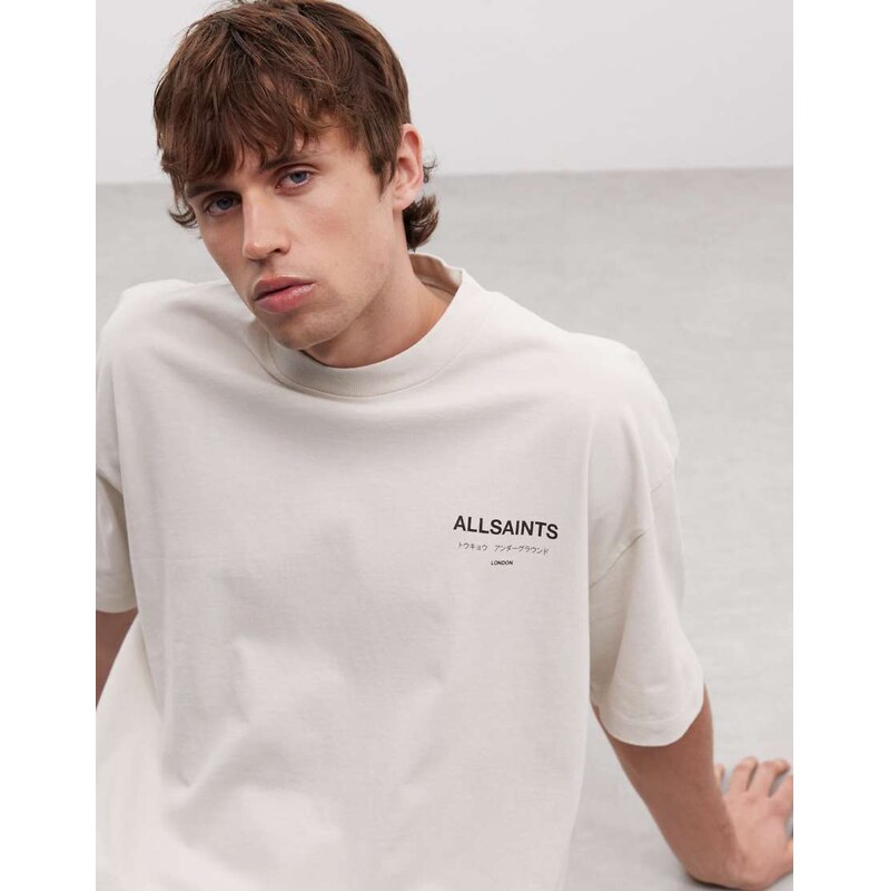 Allsaints Underground logo t-shirt with back print in dusk white