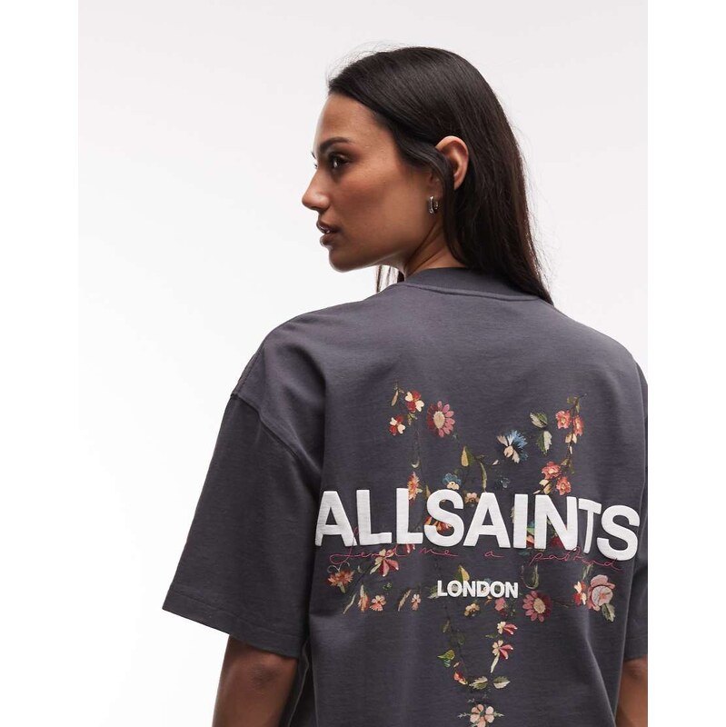 AllSaints Pentacle Etta short sleeve graphic logo t-shirt with back print in washed black