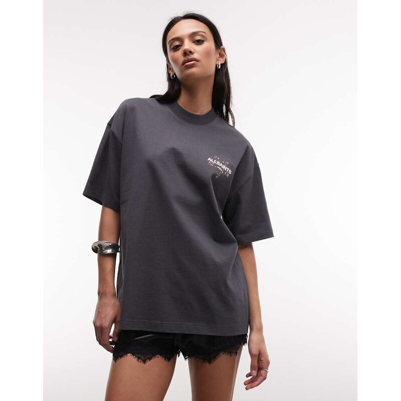 AllSaints Pentacle Etta short sleeve graphic logo t-shirt with back print in washed black