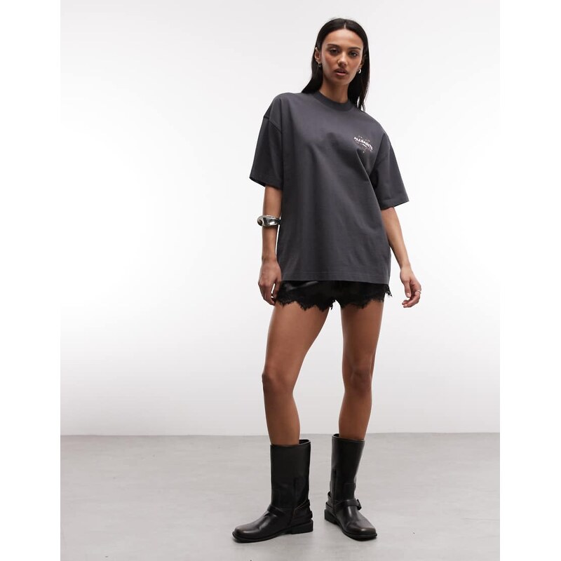 AllSaints Pentacle Etta short sleeve graphic logo t-shirt with back print in washed black