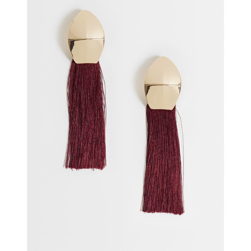 ASOS DESIGN stud earrings with dark burgundy tassles in gold