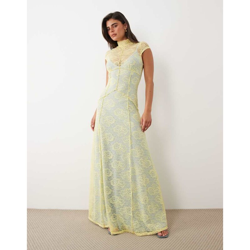 ASOS DESIGN lace maxi with contrast lining in lemon-Yellow