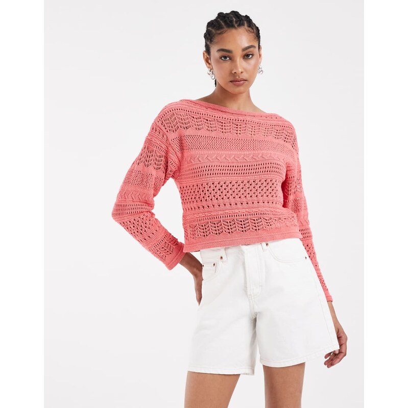 ASOS DESIGN crochet knit boat neck jumper in coral-Orange 115555168
