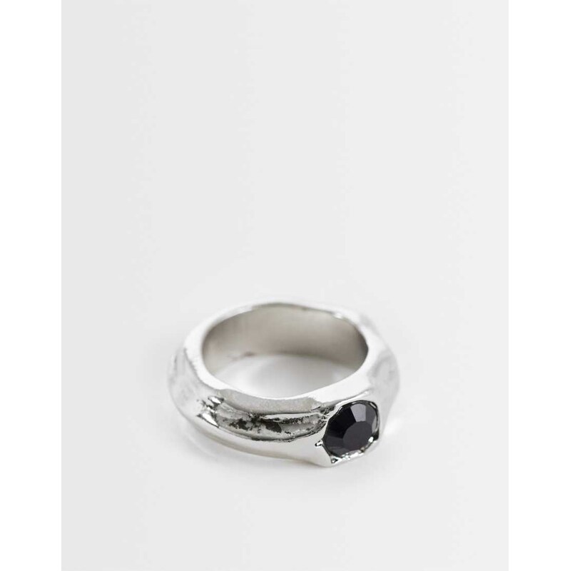 ASOS DESIGN black stone molten ring in silver