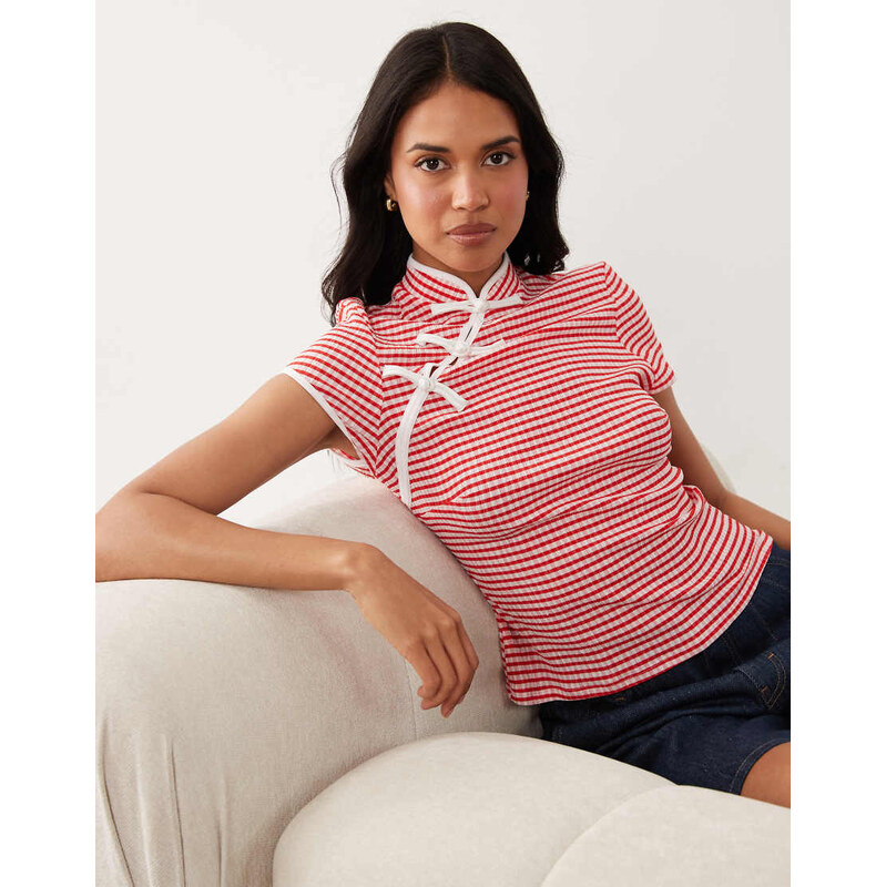 ASOS DESIGN stand up collar top in gingham print-Multi