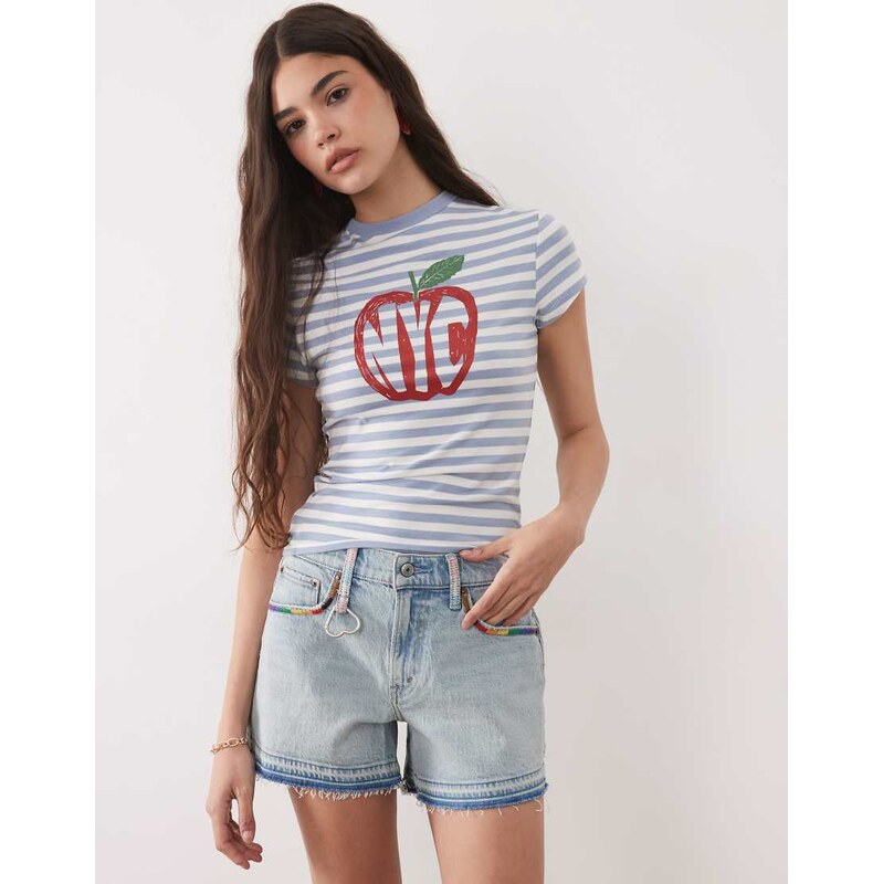 Abercrombie & Fitch mid rise A-line denim shorts with raw hem in light blue wash
