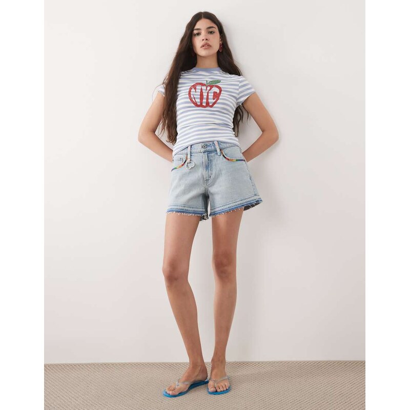 Abercrombie & Fitch mid rise A-line denim shorts with raw hem in light blue wash