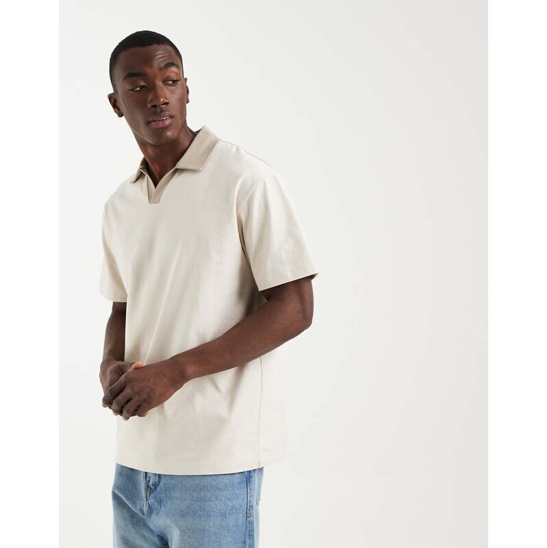 ASOS DESIGN heavyweight relaxed polo in beige-Neutral