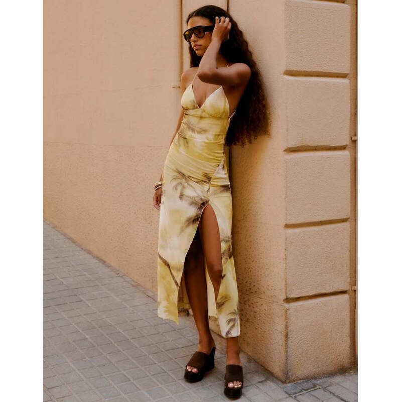 Bershka Halter neck tulle midi dress in yellow